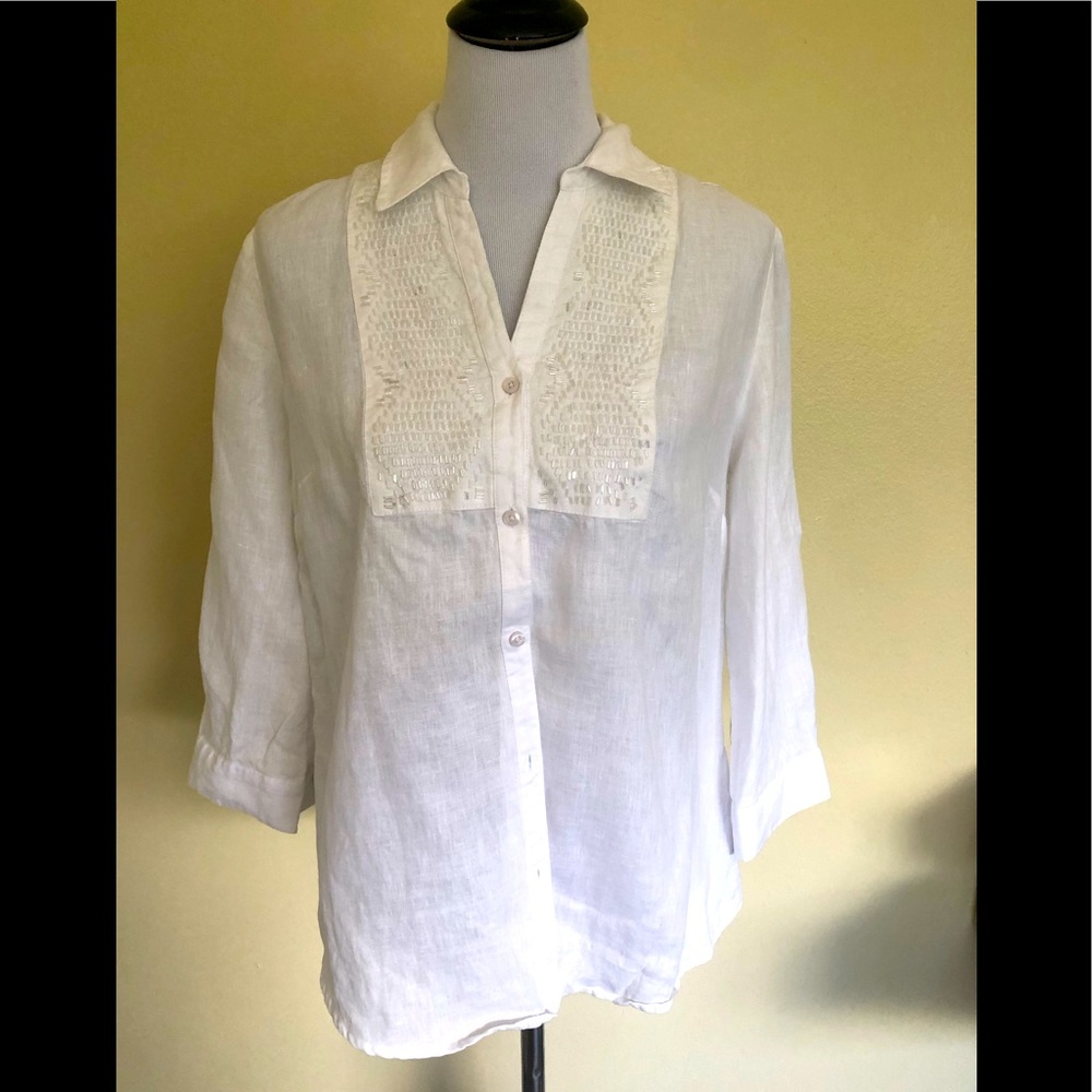 Charter Club 3/4 sleeve Luxury Linen beaded button shirt